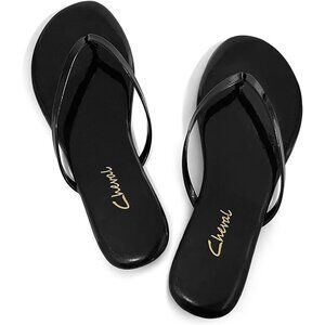 🆕 Black Patent Leather Flip Flops Women’s Dressy Thong Sandals Rubber Sole 2025